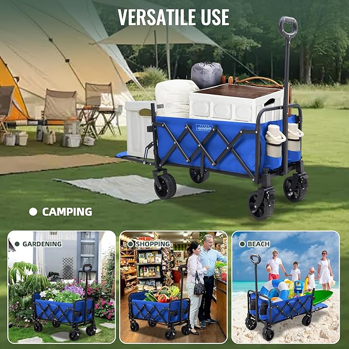 40'' Extra Long Collapsible Wagons Carts Foldable, 360LBS Foldable Wagon Cart with Wheels, Heavy Duty Portable Utility Wagon for Grocery, Shopping, Sports Garden & Camping - Navy Blue