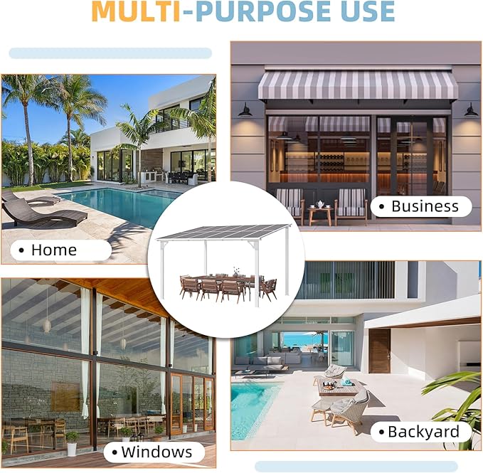 AECOJOY 12' x 10' White Pergola Gazebo, Large Wall Mounted Pergolas and Gazebos on Clearance, Outdoor Patio Lean to Hard Top Gazebo Metal Awnings for Decks,Patio, Porch, Backyard and More