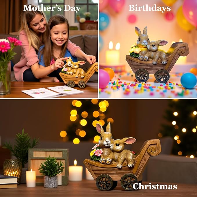 PRETMANNS Solar Rabbit Garden Statue - Mother & Baby Bunny Outdoor Decor with LED Lights for Patio, Yard Ornament & Gifts for Women & Mom - Medium