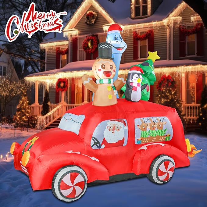 MUMTOP Christmas Car Inflatable-Christmas Inflatable Outdoor Decoration - 7.7 FT Lighted Inflatables Santa Carry Reindeer, Gingerbread, Penguin, Tree and Dinosaur, Blow Up Decor