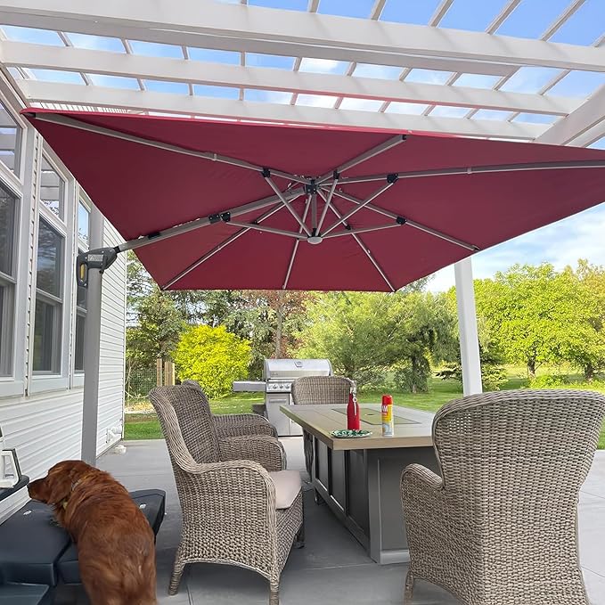 PURPLE LEAF 9' X 12' Solar Powered LED Rectangle Patio Umbrella Offset Cantilever Umbrellas Outdoor Market Umbrella Double Top Deluxe Garden Umbrellas, Terra