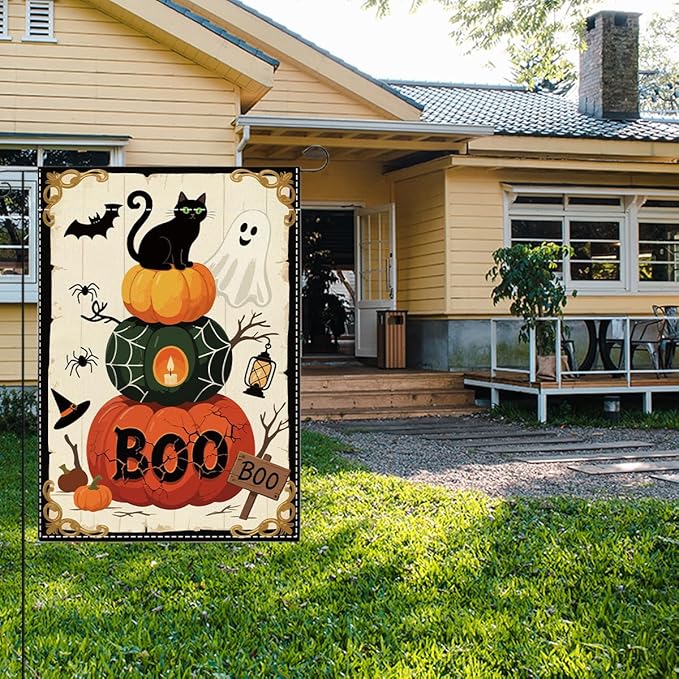 Halloween Boo Garden Flag Scary Ghost Bat Fall Halloween Themed Holiday Party Outside Outdoor Lawn Decorations Yard Flag Double Sided 12x18 Inch