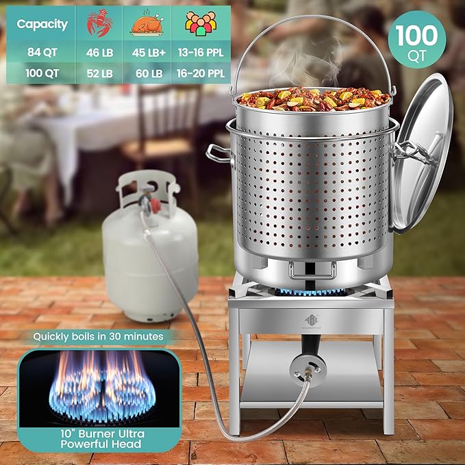 ARC 100QT Stainless Steel Seafood Boil Pot with 200,000BTU Propane Burner, w/Basket for Outdoor Deep Fryer, Large Cooking Pot for Turkey Fryer, Crab, Crawfish, Shrimp, Lobster Boiling Stock Pot