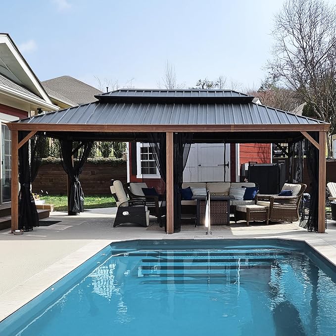 PURPLE LEAF 12' X 20' Outdoor Hardtop Gazebo for Patio Galvanized Steel Double Roof Permanent Canopy Teak Finish Coated Aluminum Frame Pavilion Gazebo with Netting