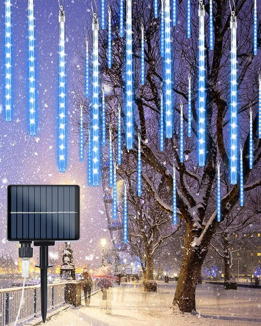 Flacchi Solar Meteor Shower Icicle Lights - 20 Tubes 480 LED Cascading Raindrop Lights, Outdoor Waterproof Christmas Decorations for Holiday Party (Blue, Solar 20 Tubes)