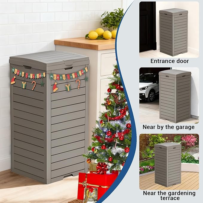 31 Gallon Double-Lid Outdoor Trash Can with Leak-Proof Slide Tray, Weatherproof Resin Waste Bin for Patio, Garden, Indoor and Backyard, Light Brown