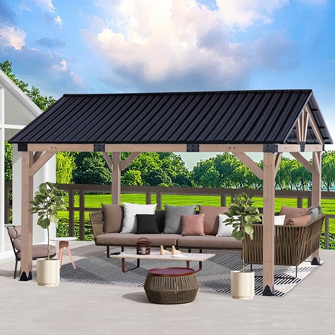 CHARMELEON 12x14 Cedar Wood Gazebo,Heavy Duty Patio Gazebo with Metal Gable Roof,Permanent Hardtop Gazebos Pavilion for Backyard,Outdoor,Deck,Garden,Porch