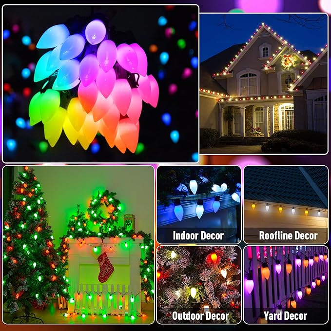 Smart C9 LED Christmas Lights Outdoor, 99FT 150 LED Vintage RGB String Lights with Bluetooth App Control, Music Sync, 105 Modes, IP65 Waterproof for Christmas, Party, Garden, Patio, Commercial Decor