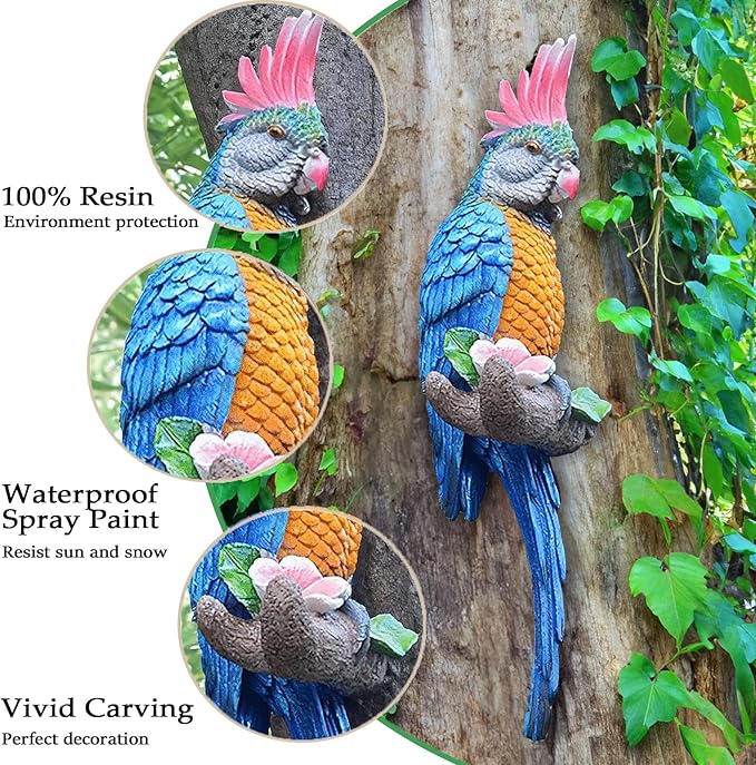 Teaeeno Tropical Hanging Parrot for Outdoors,Tropical Bird Wall Decor, Tiki Outdoor Decor,Home Ornament Decor for Tiki Bar,Perfect for Yard Ornaments,Tree Decorations Outdoor,Patio,Lawn,Tree Trunk