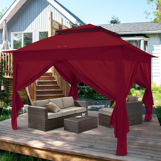 COOS BAY 11x11 Pop-up Instant Gazebo Tent with 4 Sidewalls Outdoor Canopy Shelter with Carry Bag, Stakes and Ropes, Red