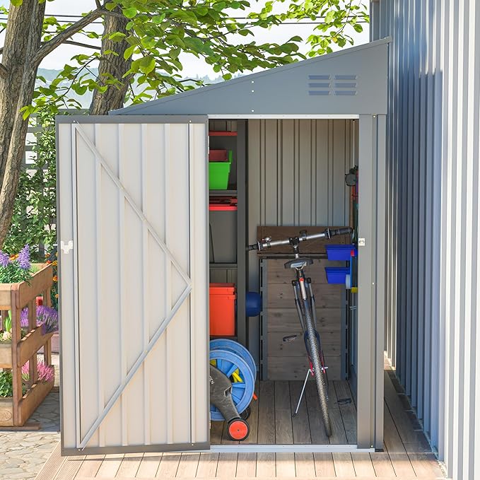 4x8 FT Outdoor Storage Shed,Lean to Lockable Metal Garden Shed Steel with Reinforced Beams,All Weather Waterproof Storage House W/Lockable Door,for Backyard,Patio,Lawn,Garden,Dark Gray