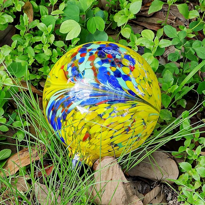 10 Inch Gazing Balls for Garden, Hand Blown Indoor Outdoor Glass Garden Globes Balls for Outside Festive Yard Lawn Ornaments Decoration (Yellow)