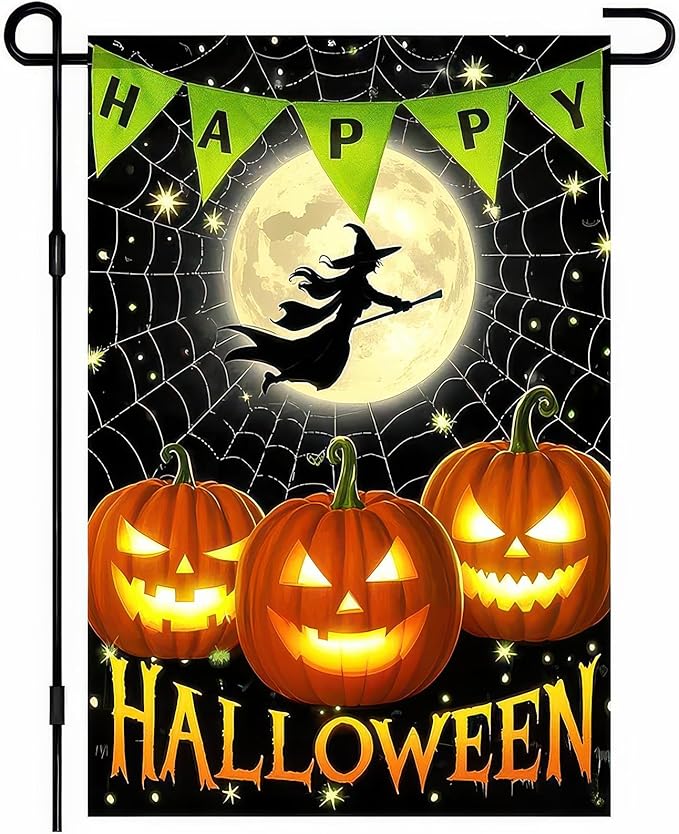 Garden Flags 12x18 Inch Halloween Garden Flag Outdoor Fall Decorations Vertical Double-Sided Witch Pumpkin Moon Banner Yard Sign for Porch Lawn Home Party Garden Decor