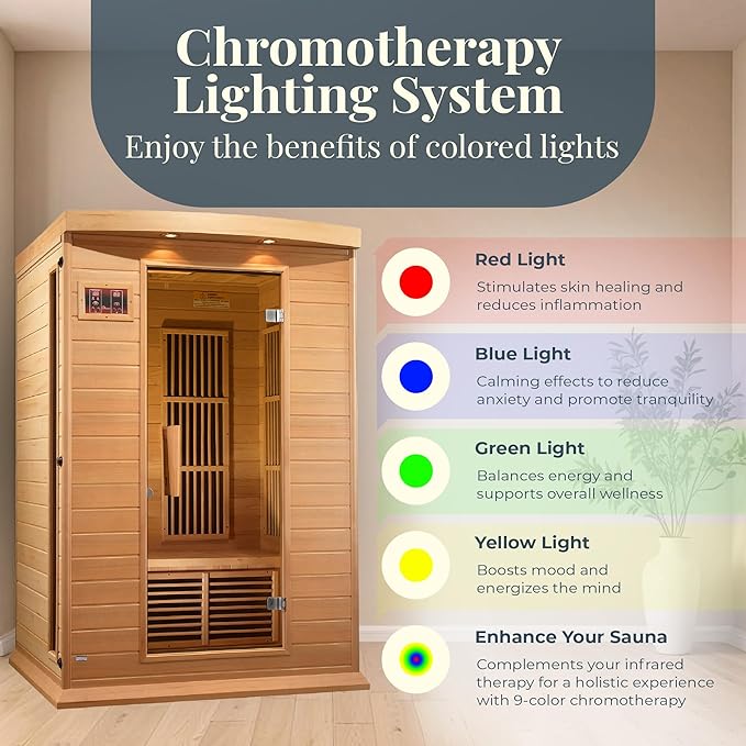 DYNAMIC SAUNAS 2-Person Low EMF FAR Infrared Sauna with Chromotherapy Lighting and Speakers, Maxxus Toulouse - Personal Indoor Dry Heat Sauna for Home & Gym – Made from Canadian Hemlock, 75"