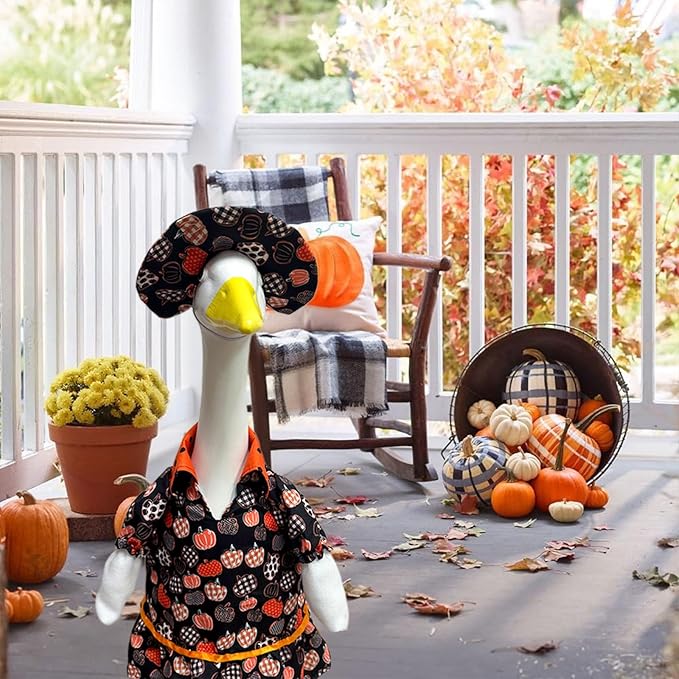 Halloween Porch Goose Outfit Set for 23'' Plastic Statue Lawn Porch Goose Clothes with Fall Pumpkin Skirt Hat Costume for Indoor Outdoor Patio Yard Lawn Art Decor