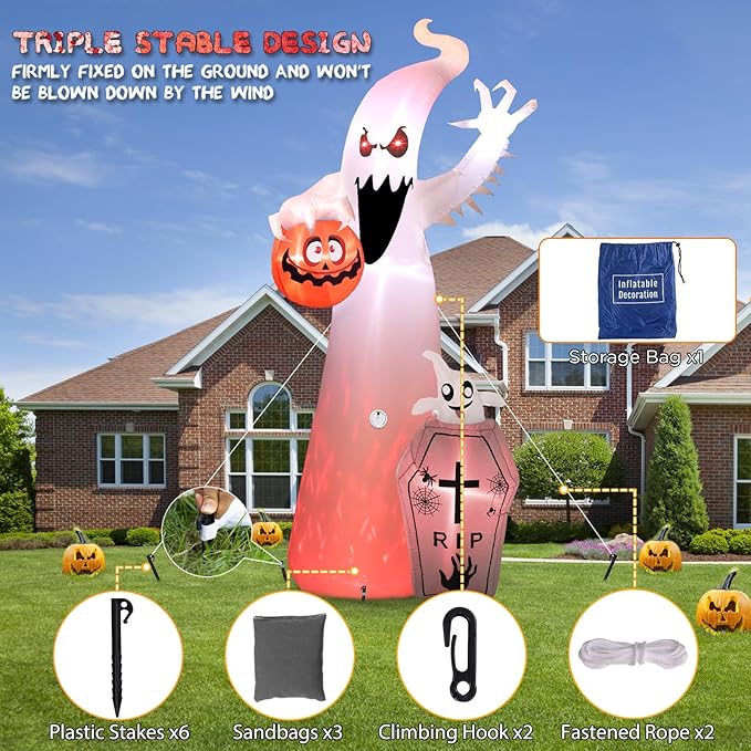 Elegear 12FT Halloween Inflatable Blow Up with Motion-Activated Screaming, 8-Mode Color Changing Flame Lights, Spooky Ghost Halloween Inflatables Outdoor Decorations for Yard Lawn Garden Porch Party
