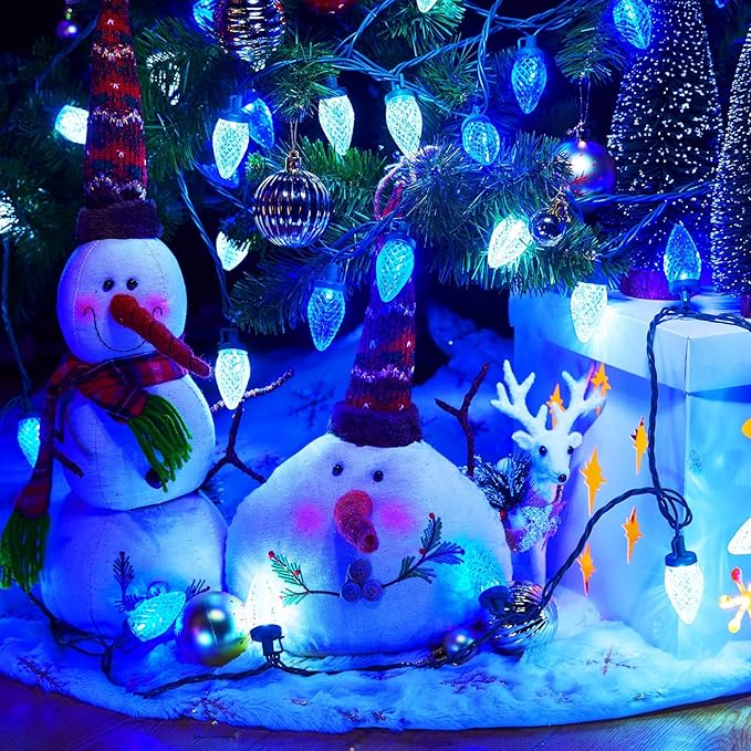 Brightown C9 LED Christmas Lights Outdoor, 33ft 50 LED Waterproof Strawberry String Lights, Extendable Green Wire Lights String for Outdoor Indoor Patio Party Decoration, Blue and White