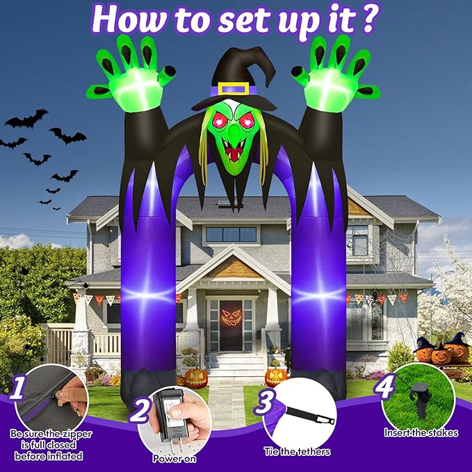 Danxilu 10 FT Tall Halloween Inflatables Witch Archway Outdoor Decorations, Scary Blow Up Yard Decoration Built-in LED Lights Giant Halloween Inflatable Clearance Witch Arch Decor for Holiday Party
