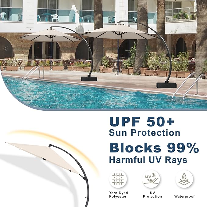 11FT Cantilever Umbrella with Base Large Curvy Outdoor Aluminum Offset Umbrella w/ 360° Rotation, UV Resistant Canopy for Patio, Garden, Backyard, Beige