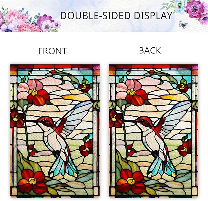 Spring Summer Hummingbird Garden Flag Glass Style Garden Flag Vertical Double Sided Rustic Farmland Burlap Yard Lawn Outdoor Decor 12.5x18"