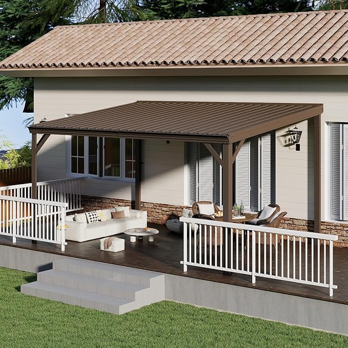 Domi 10’x14’ Wall-Mounted Hardtop Gazebo Pergola – Permanent Lean-to Outdoor Shelter with Sloped Galvanized Steel Roof & Upgraded Drainage – Grey Metal Patio Cover for Backyard, Deck, Garden, Brown