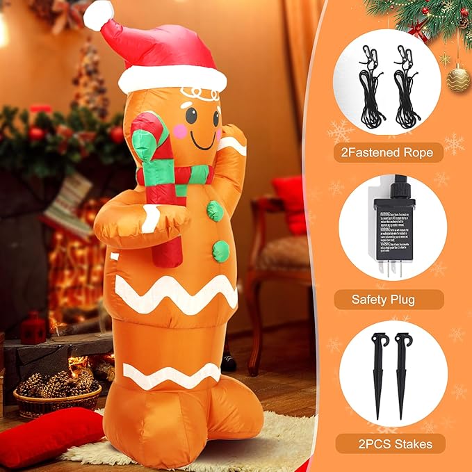 5FT H Lovely Christmas Inflatable Gingerbread Man with Candy Cane, Blow up Gingerbread Man,Christmas Inflatables Gingerbread with Bulid-in LEDs for Indoor Outdoor Decoration