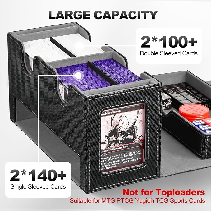 Card Deck Box for MTG, Double Storage Box with 2 Commander Display & 1 Dice Tray, Fits 200+ Double Sleeved, Organizer for CCG TCG Sports(Black Gray)