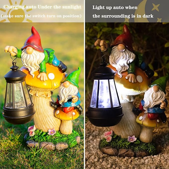 Garden Gnome Statue, Large Funny Gnome Figurine Climbing on Mushroom and Holding a Solar LED Lantern Resin Ornament for Patio Yard Lawn Porch Outdoor Decor