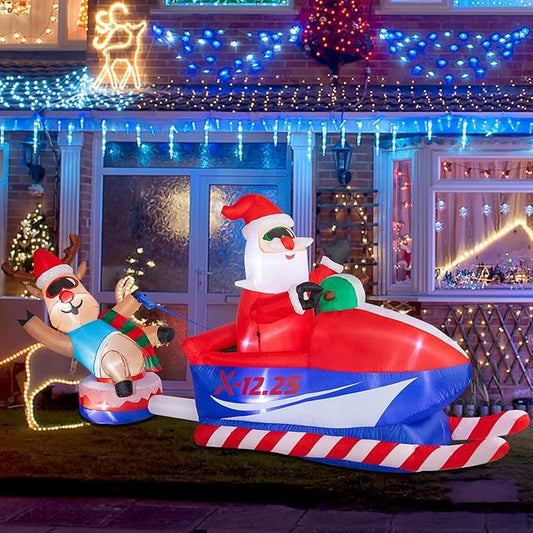 8.46 FT Christmas Inflatables Outdoor Decorations Christmas Blow Up Snowmobile Santa Claus and Reindeer Sleigh with LED Light for Lawn Garden Holiday Party Yard Xmas Decor