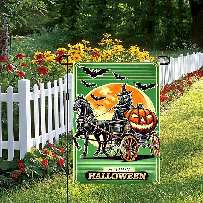 Halloween Horror Garden Flag 12x18 Inch Witch Carriage Pumpkin Moon Flag Outdoor Yard Decorations House Banner Porch Lawn Patio Home Decor