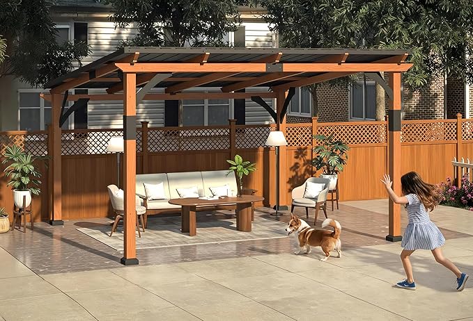 Macrout 12'x14' Outdoor Gazebo, Heavy Duty Pergola with Sloped Metal Roof and Aluminum Frame, Permanent Gazebos for Patio, Decks, Backyard, Garden, 4756 (Sloped Roof + Brown Frame, 12'x14')