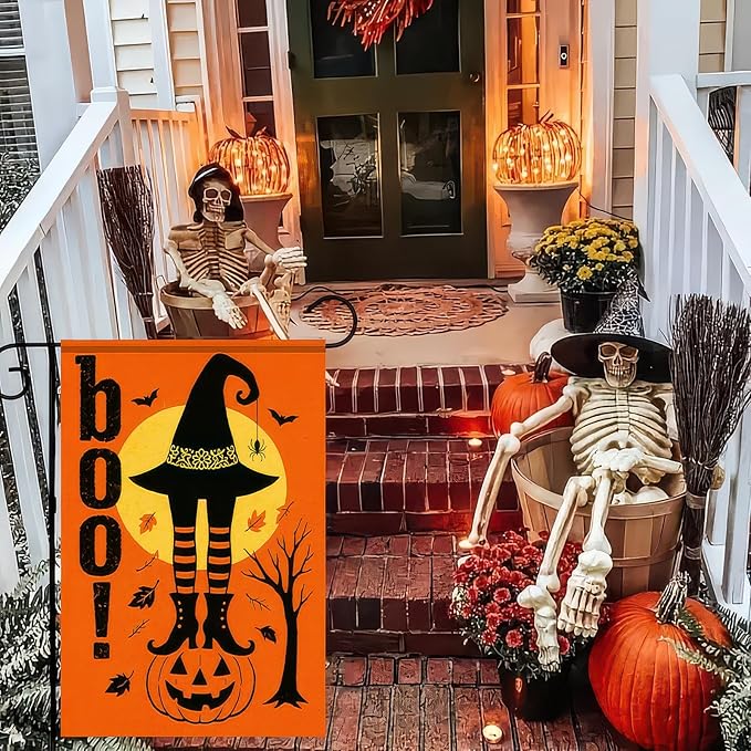 Boo Halloween Garden Flag 12x18 inch Double Sided Witch Hat Legs Jack-O-Lantern Banner Spooky Pumpkin Flags Small Yard Flag for Halloween Outdoor Decoration Porch Lawn Garden Decor