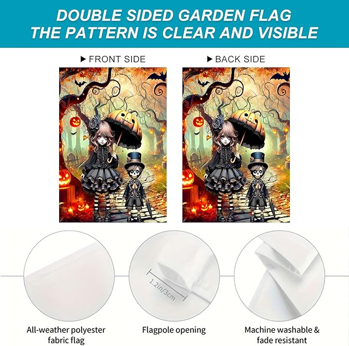 Halloween Horror Garden Flag 12x18 Inch Gothic Doll Pumpkin Umbrella Skull Boy Flag Outdoor Yard Decoration House Banner Porch Lawn Patio Home Decor
