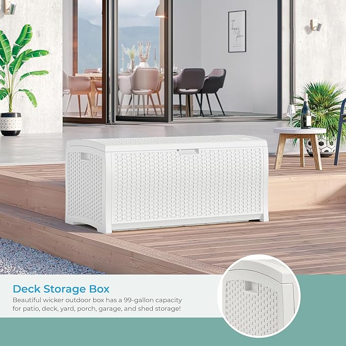 Suncast 99 Gallon Wicker Horizontal Outdoor Deck Box with Hinged Lid, Water-Resistant Storage Solution for Patio, Deck, Yard, and Garage, White, Made in the USA
