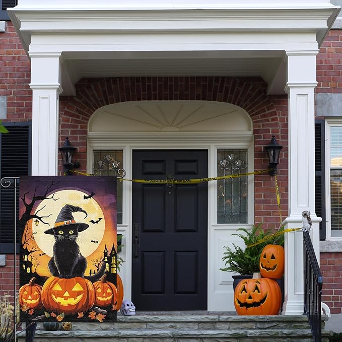 Louise Maelys Halloween Garden Flag Black Cat Witch Hat Pumpkin 12x18 Inch Double Sided Boo Moon Holiday Seasonal Fall Autumn Small Burlap Yard Sign Outside Outdoor House Decoration