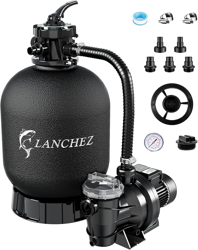 LANCHEZ 18" Sand Filter Pump for Above Ground Pool with Timer, 1.5 HP, Max 4900 GPH for Pools Up to 20000 GAL, 6-Way Valve Pool Sand Filter System, Enhanced Circulation for Crystal-Clear Pool