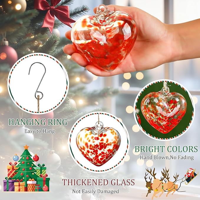 Love Heart Hand Blown Glass Gazing Balls for Garden Hanging Friendship Balls Christmas Ball Ornaments for Xmas Tree Decoration (Red - B)