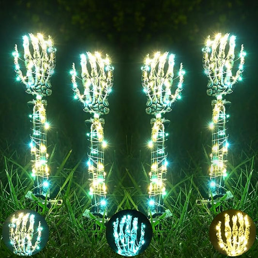 Halloween Lighted Skeleton Hands Set, 4 Pack Light Up Skeleton Arm Stakes, 4 x 3m 240 LED Green & Warm Lights with 3 Modes, Realistic Halloween Yard Outdoor Decorations Graveyard Garden