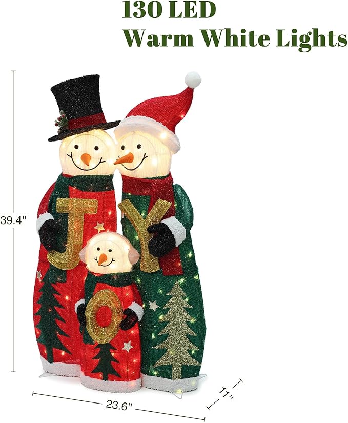 LuxenHome 3FT Lighted Snowman Family Outdoor Decoration, Prelit Joy Snowman with Hat and Scarf, Illuminated Christmas Decorations Indoor and Outdoor for Porch, Lawn, Xmas Holiday Yard Decor