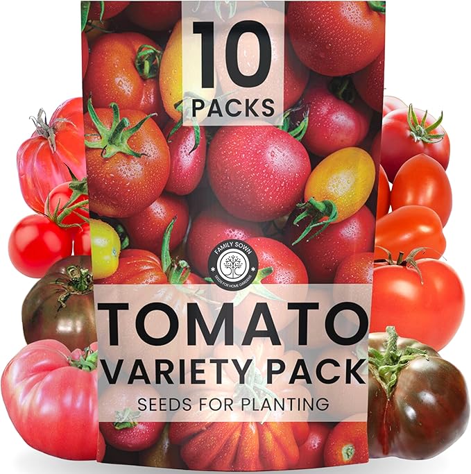 Tomato Seeds | 10 Invidiual Packs | 2025 Season | Non-GMO | Roma, Brandywine, Cherry & More! | for Planting Indoor & Outdoor | by Family Sown