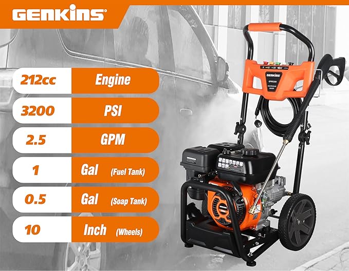 GPW3200 Gas Powered Foldable Pressure Washer 3200 PSI and 2.5 GPM, Soap Tank and Five Nozzle Set | Compact & Foldable