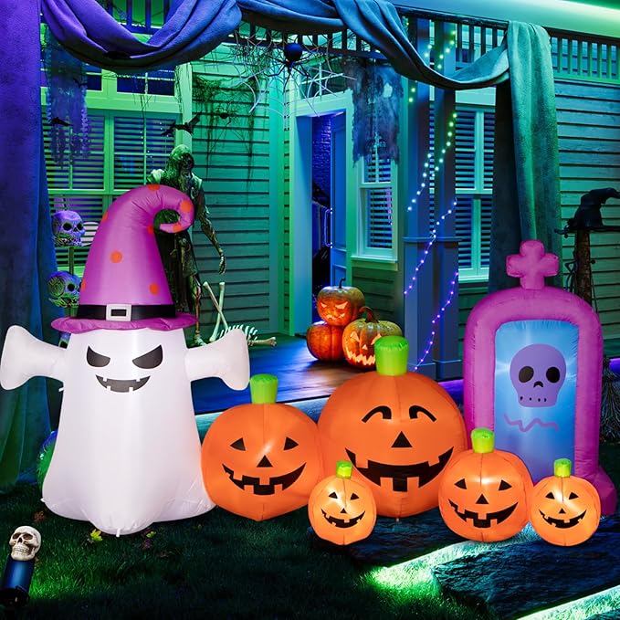 Halloween Decorations Outdoors 8FT Long Inflatable Pumpkin with Ghost and Skull Tombstone Scary Blow Up Halloween Pumpkin Decoration Built-in LEDs for Party Garden Lawn Decor