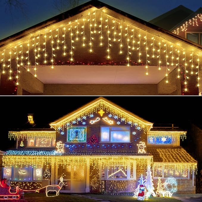 304 LED Solar Christmas Icicle Lights Outdoor Decorations, 8 Modes Waterproof Icicle Fairy Lights for Outside Holiday, Patio, Balcony, Christmas, Window, House Eaves Decorations, Warm White