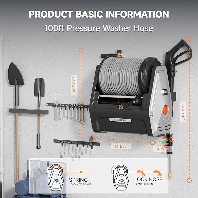 Giraffe Tools Wall Mounted Pressure Washer Plus with Upgraded 1800W Motor, Max 2900 PSI, 2.2 GPM Electric Power Washer with 100ft Retractable Pressure Hose for Car, Automatic Rewind, Any Length Lock