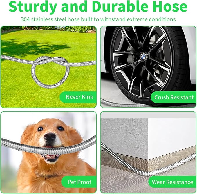 Stainless Steel Metal 25FT Garden Hose Lightweight, Puncture & Rust Proof Heavy Duty Water Hose for Yard, RV, Garden, Outdoor