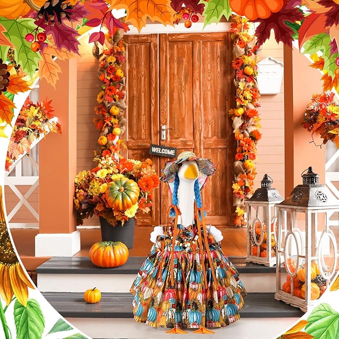Fall Thanksgiving Goose Outfit Sunflower Porch Goose Costume with Hat Necklace for 23 Autumn Patio Yard Lawn Decor(Multicolor Sunflower)