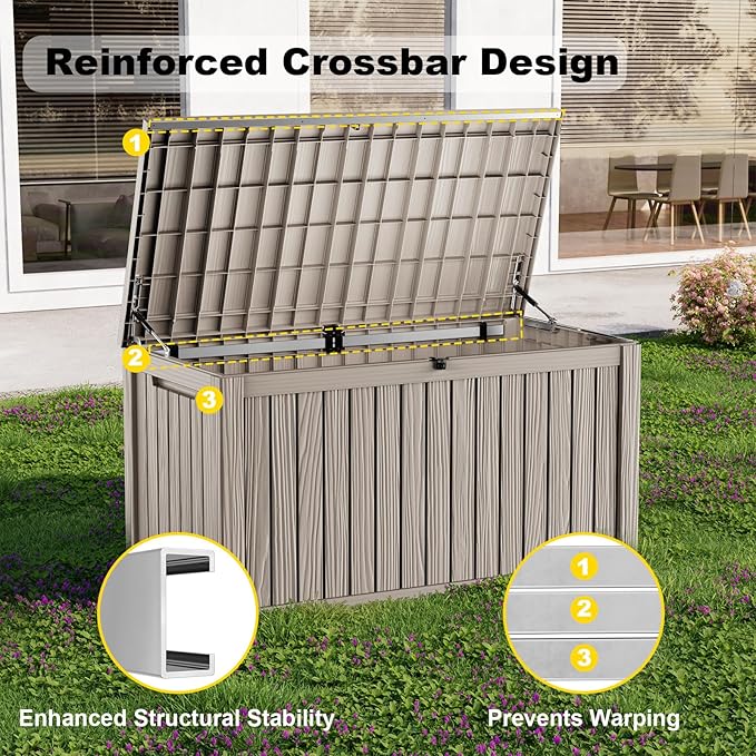 200 Gallon Waterproof Outdoor Storage Box, UV Resistant Resin Deck Box with Hydraulic Rod for Reinforced Stability, Perfect for Patio, Garden, and Pool, Grey