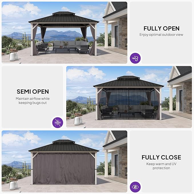 PURPLE LEAF 12' X 14' Hardtop Gazebo,Outdoor White Aluminum Frame Gazebo with Curtain and Netting for Patio, Garden and Backyard