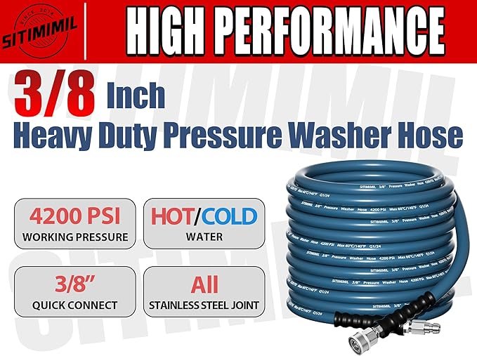 3/8'' Pressure Washer Hose 100FT - Kink Resistant Steel Wire Braided, Wear Resistant, 3/8" Stainless Steel Quick Connect, with M22 14mm Adapter Set, Hot and Cold Water Power Washer Hose, 4200 PSI