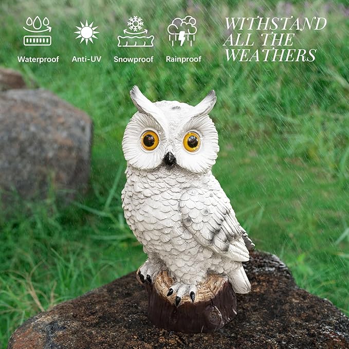 Solar Owl Garden Statues Outdoor Decor Resin Owl Figurine with LED Lights Owl Sculpture for Porch Patio Lawn Yard Decorations Christmas Housewarming Gifts for Women Mom,White Owl